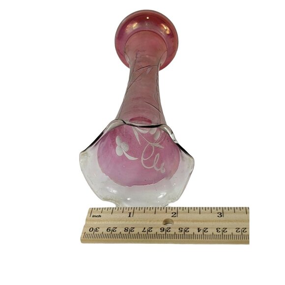 Cranberry Glass Bud Vase w/Etched Grape Vine Design-Clear Scalloped-Fenton C203 - Picture 6 of 6